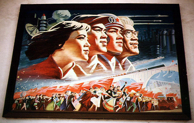 poster of propaganda in china, nuclear bomb, space craft, high technology, happy people