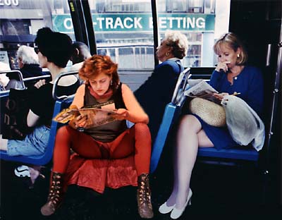 bus red pantyhose blue skirt red head