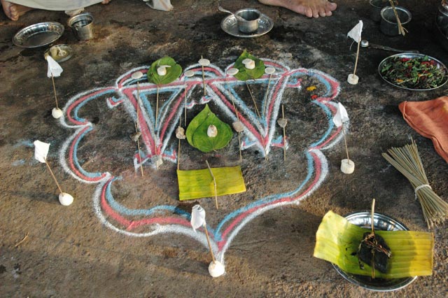 A rangoli with flags, leaves etc
