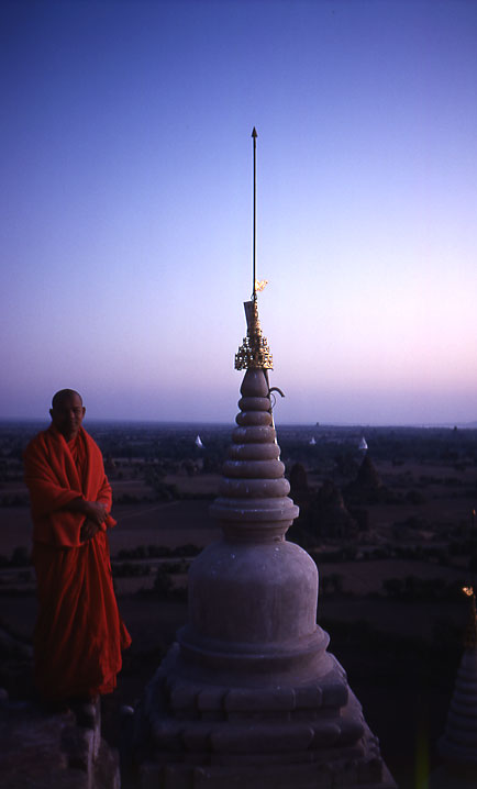 buddhist monk on roof of temple pagoda Pagan Burma