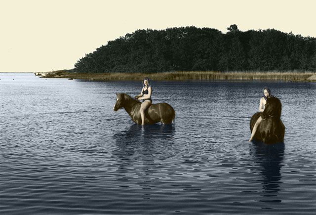 Two girls riding horses in water in Stockholm archipelago