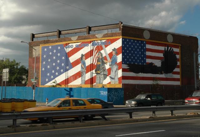 god bless america Mural on Upper East Side Manhattan, dark clouds