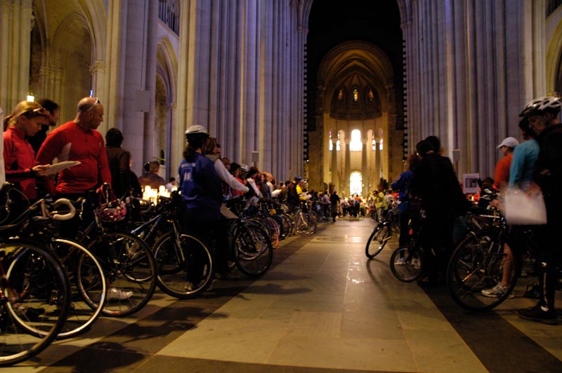 Bicycle riders waiting to be blessed. Blessing of the Bikes at The Cathedral Church of St. John the Divine