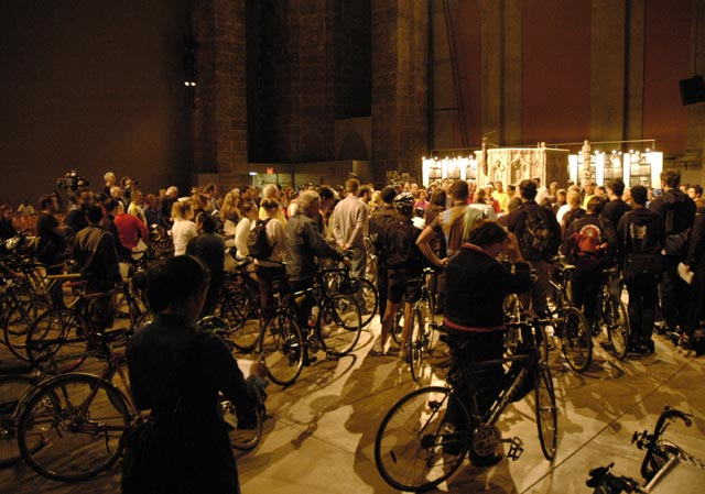 Bicycles gathered inside the church. Blessing of the Bikes at The Cathedral Church of St. John the Divine