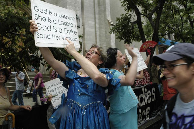 Church Ladies for Choice. NYC dyke march. God is a lesbian she is a lesbian God is a dyke Send her Victoria