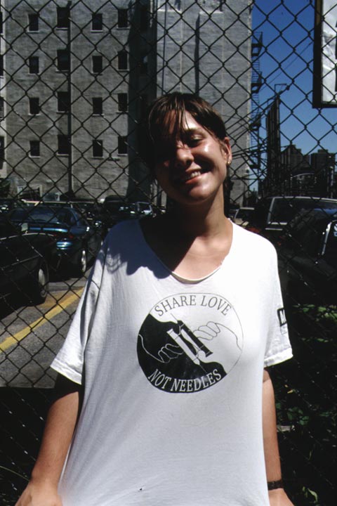 T shirt share love not needles, syringe exchange program on Lower East Side of Manhattan in 1996