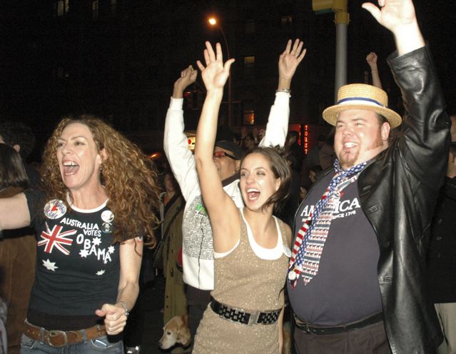 democrats cheering on the Upper west side when Obama was announced as the winner as the president.